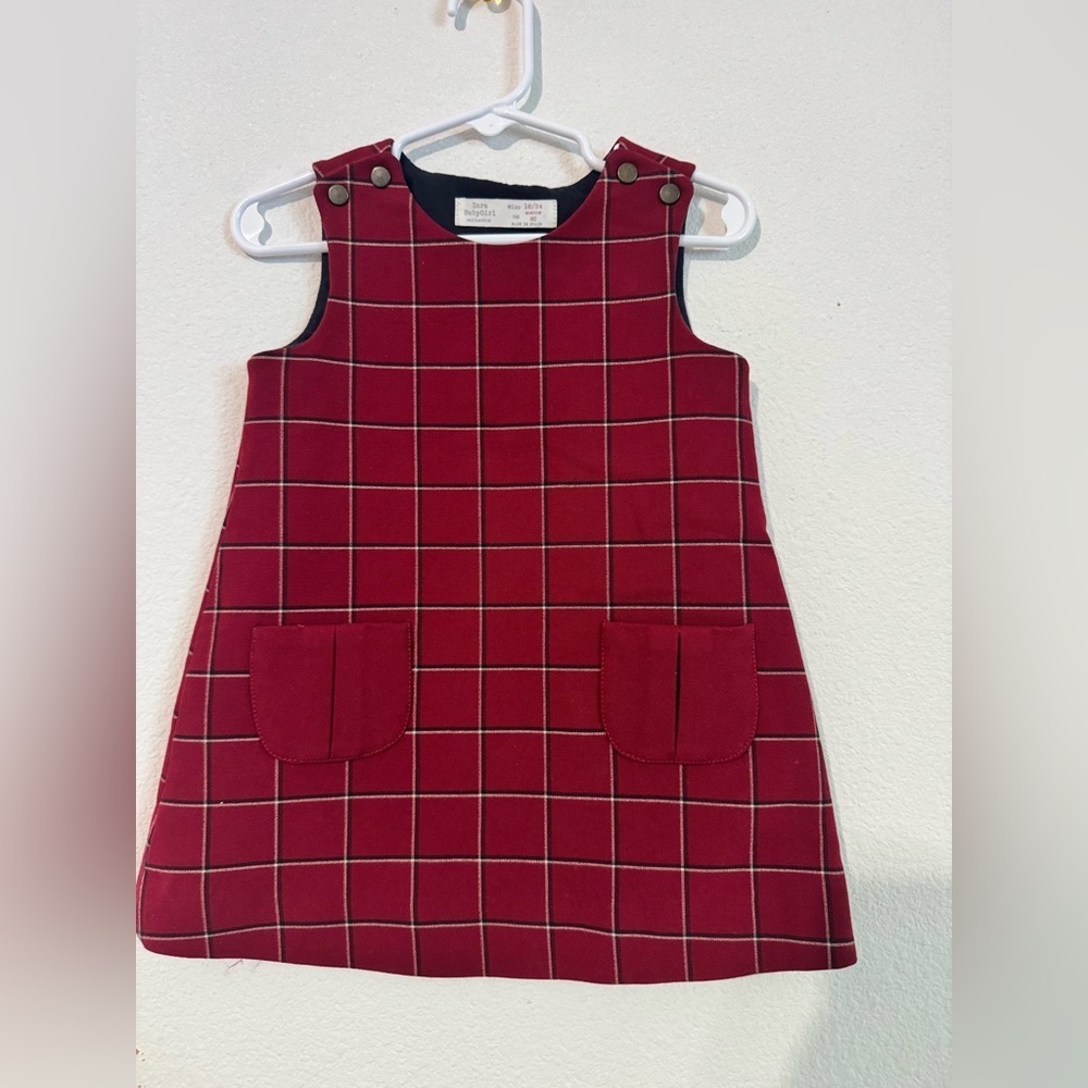 Zara Toddler Girls Maroon Check Dress with pockets 18-24 months